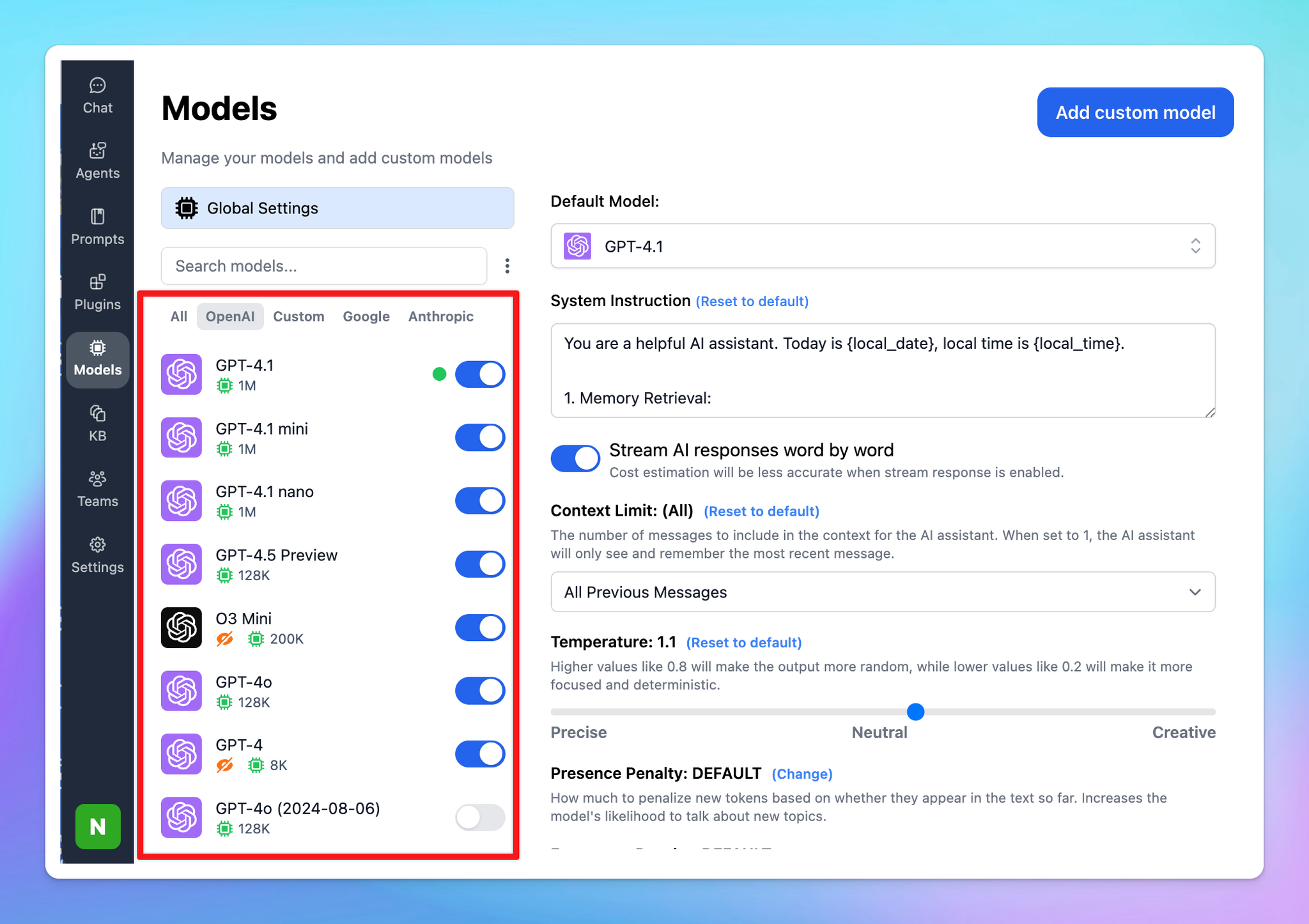 TypingMind RAG pipeline interface screenshot